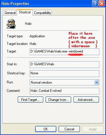 Dialog box showing how to add arguments to a Windows shortcut